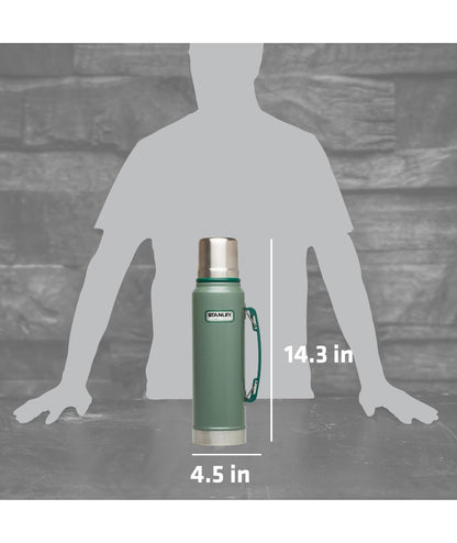Stanley Heritage Classic Vacuum Bottle with Handle 1.1 qt | Wide Mouth w/Leakproof Cup Lid | Keep Drinks Hot or Cold | Insulated Stainless Steel Thermal Bottle | BPA-Free | Hammertone Green