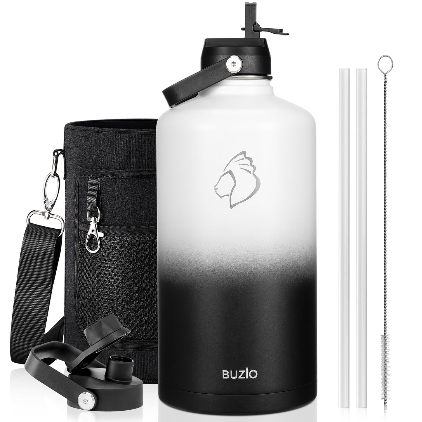 BUZIO 1 Gallon Water Bottle, 128oz Insulated Water Jug Double Walled Vacuum Stainless Steel Travel Flask (Cold for 48 Hrs), Leak Proof BPA-Free Large Canteen with Straw Lid, Black White