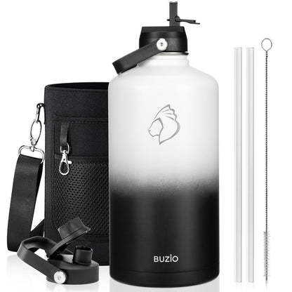 BUZIO 1 Gallon Water Bottle, 128oz Insulated Water Jug Double Walled Vacuum Stainless Steel Travel Flask (Cold for 48 Hrs), Leak Proof BPA-Free Large Canteen with Straw Lid, Black White