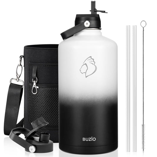 BUZIO 1 Gallon Water Bottle, 128oz Insulated Water Jug Double Walled Vacuum Stainless Steel Travel Flask (Cold for 48 Hrs), Leak Proof BPA-Free Large Canteen with Straw Lid, Black White