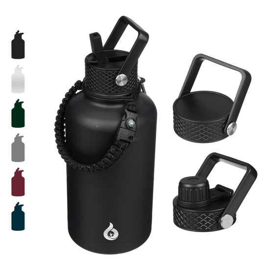 BJPKPK Half Gallon Insulated Water Bottles with Straw Lid, 64oz Large Water Jug, Stainless Steel Bottles with 3 Lids and Paracord Handle, Thermo for Hot & Cold Liquid, Black